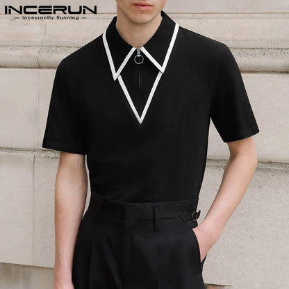 INCERUN Tops 2024 American Style Fashion Men's Line Splicing Lapel Design Shirts Summer Casual Short Sleeved Zipper Blouse S-5XL