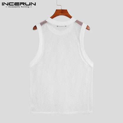 INCERUN Tops 2023 American Style New Men See-through Mesh Waistcoat Fashion Casual Male Hot Sale Knit Sleeveless Tank Tops S-5XL