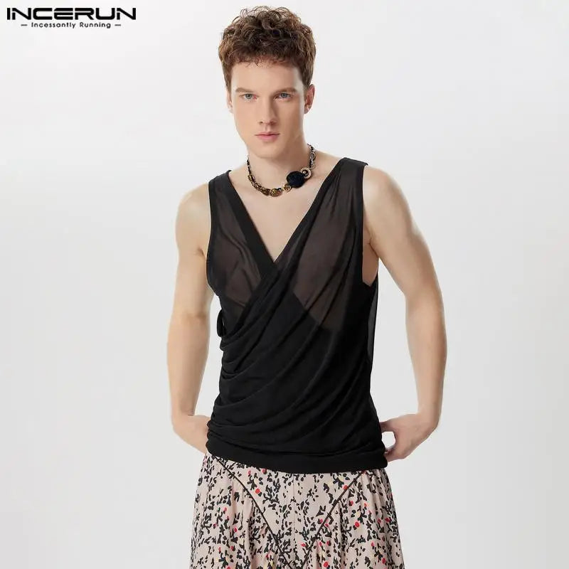 Sexy Fashion Style Tops INCERUN 2024 Men Mesh Cross Low Neck See-through Vests Summer Male Solid Thin Sleeveless Tank Tops S-5XL