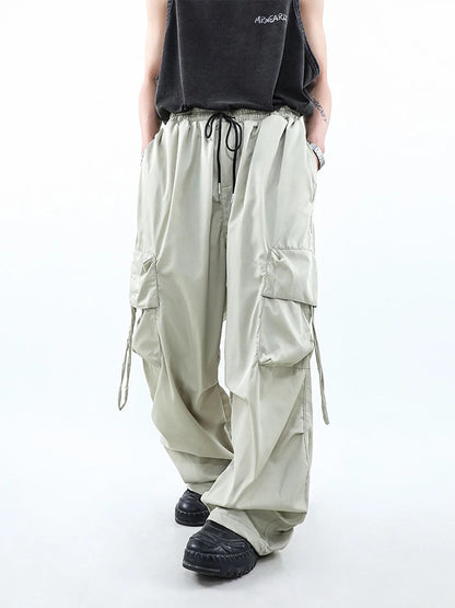 HOUZHOU Korean Parachute Cargo Pants Men Hip Hop Wide Leg Cargo Trousers Male Streetwear Loose Casual Men Clothing Safari Style