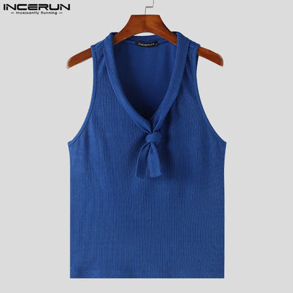 INCERUN Tops 2024 Korean Style New Men's Knitted Pit Tie Collar Design Vests Casual Streetwear Solid Sleeveless Tank Tops S-5XL