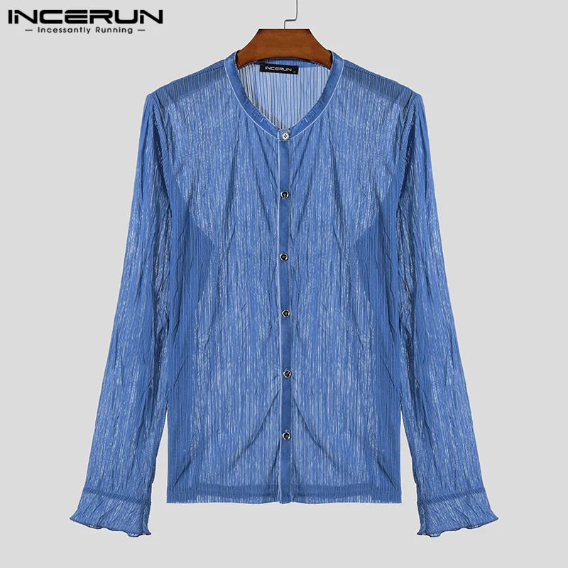 Fashion Sexy Style Tops INCERUN New Men's See-through Design Solid Shirts Casual Party Shows Male Thin Long Sleeved Blouse S-5XL