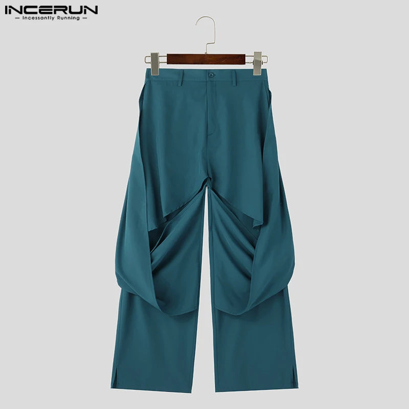 INCERUN 2024 Korean Style Pantalons New Men Double-layer Pleated Design Solid Long Pants Leisure Streetwear Loose Trousers S-5XL