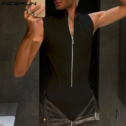 Men Bodysuits Solid Color Lapel Sleeveless Streetwear Zipper Fitness Male Rompers Tank Tops 2023 Sexy Bodysuit Men S-5XL INCERUN