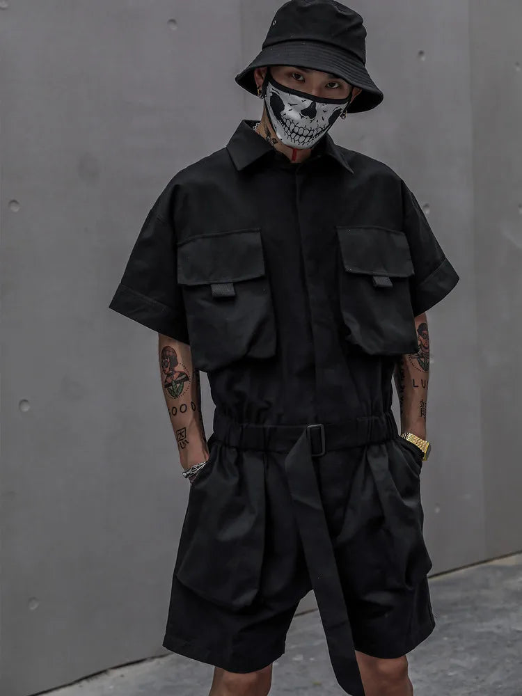 HOUZHOU Techwear Kurzer Overall für Herren Schwarz Bodysuits Overalls Herren Grün Männlich Japanische Streetwear Sommer Taschen Hip