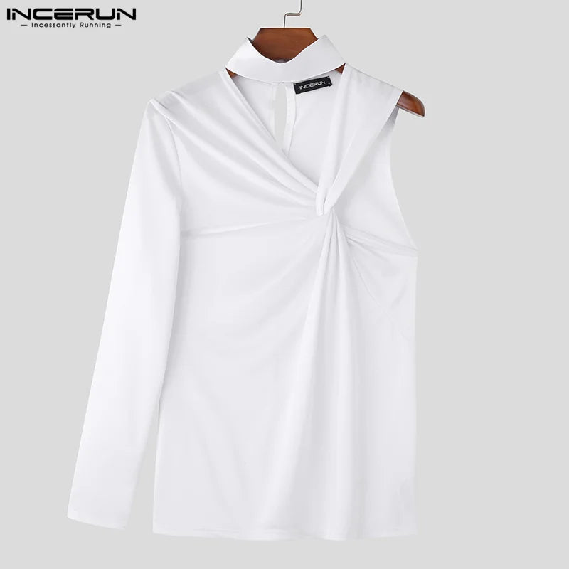 INCERUN Tops 2024 Men's Twisted Shoulder Cut Design T-shirts Casual Party Shows Solid Half High Neck Long Sleeved Camiseta S-5XL