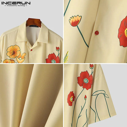 INCERUN Tops 2024 American Style Fashion Men's Floral Print Design Shirt Casual Streetwear Simple Lapel Half Sleeve Blouse S-5XL