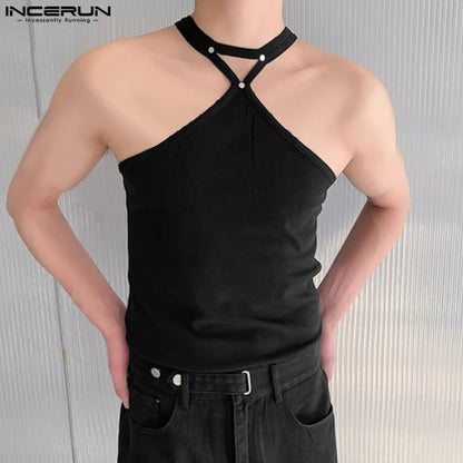 INCERUN Tops 2024 Summer Fashionable Men's Elastic Tight Hanging Neck Tank Tops Male Casual Solid Knitted Sleeveless Vests S-5XL