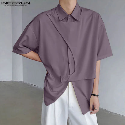 Handsome Well Fitting Tops INCERUN 2024 New Mens Deconstruction Design Drape Shirt Stylish Male Solid Short Sleeved Blouse S-5XL