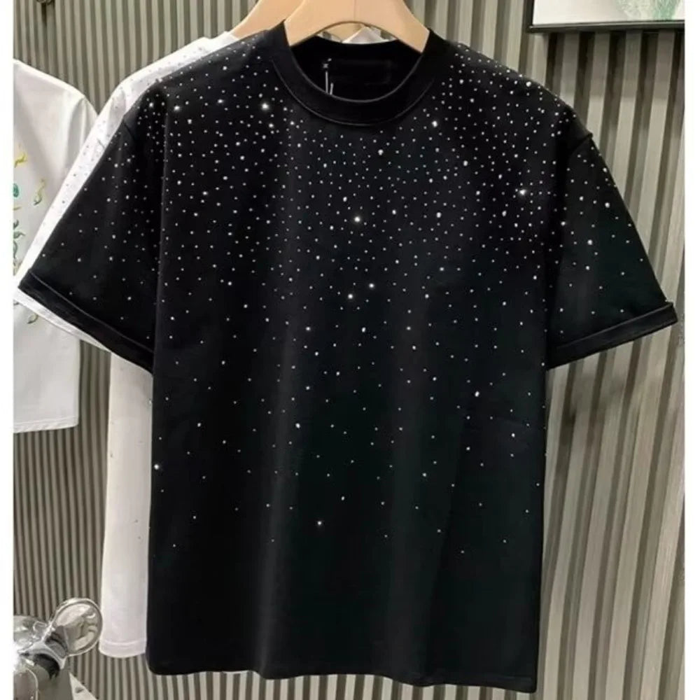 Summer Men's Rhinestone Rivet T-shirt Cotton Round Neck Casual T shirts Fashion High Street 2024 Men Short Sleeves