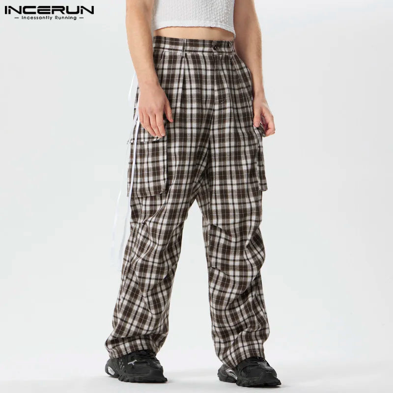 INCERUN 2024 Pantalon de style américain pour hommes, design de poche à carreaux, pantalon cargo long décontracté bien ajusté, vente chaude Pantalons S-5XL