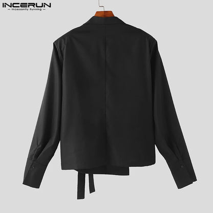 INCERUN Tops 2024 Korean Style New Mens Fashion Lace Up Design Cardigan Shirts Casual Simple All-match Long Sleeved Blouse S-5XL