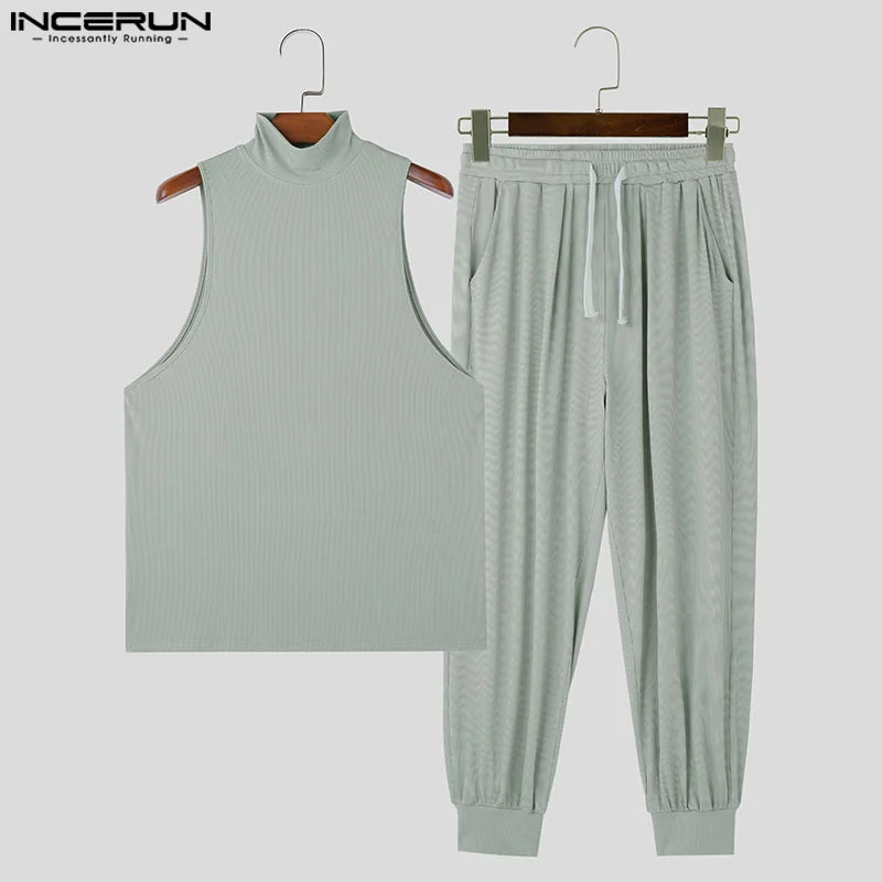 INCERUN 2024 American Style Sets New Men's Casual Pit Stripe High Neck Vests Pants Fashion Streetwear Solid Two Piece Sets S-5XL