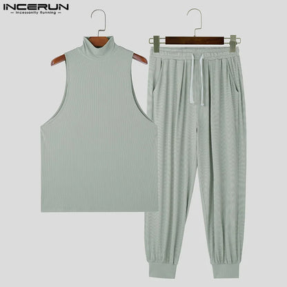 INCERUN 2024 Sets im amerikanischen Stil Neue Herren-Casual Pit Stripe High Neck Westen Hosen Mode Streetwear Solide Zweiteilige Sets S-5XL