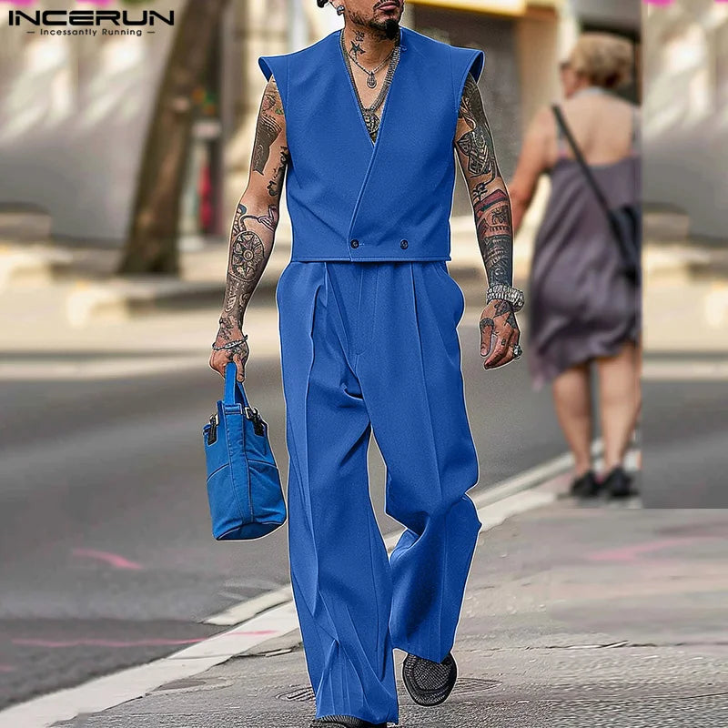 Fashion Casual Style Sets INCERUN New Mens Sleeveless Cardigan Long Pants Male Streetwear V-neck Solid Two-piece Sets S-5XL 2024