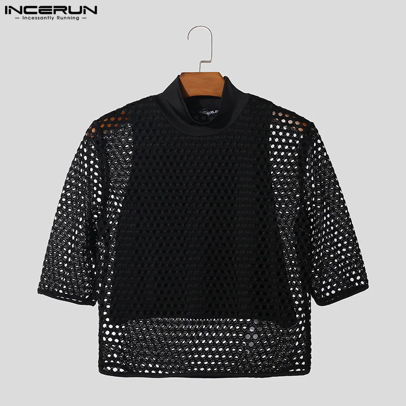 Fashion Casual Style Tops INCERUN Men's Hollow Mesh Patchwork T-shirts Sexy Cropped Half High Neck Short Sleeved Camiseta S-3XL