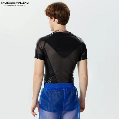 INCERUN 2024 Men's Bodysuits Mesh Patchwork Shiny O-neck Short Sleeve Male Rompers Transparent Streetwear Fashion Bodysuit S-3XL