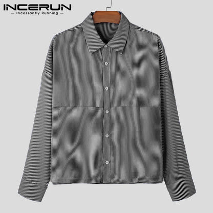 INCERUN Tops 2024 Koreanischen Stil Hübsche Männer Einfache Dünne Streifen Design Shirts Casual Streetwear Revers Langarm Bluse S-5XL