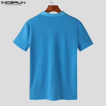 INCERUN Tops 2024 Stilvolle Neue Männer der Mitte Ausgehöhlten Patchwork Gestreiften T-shirts Freizeit Solide V-ausschnitt Kurzarm Camiseta S-2XL