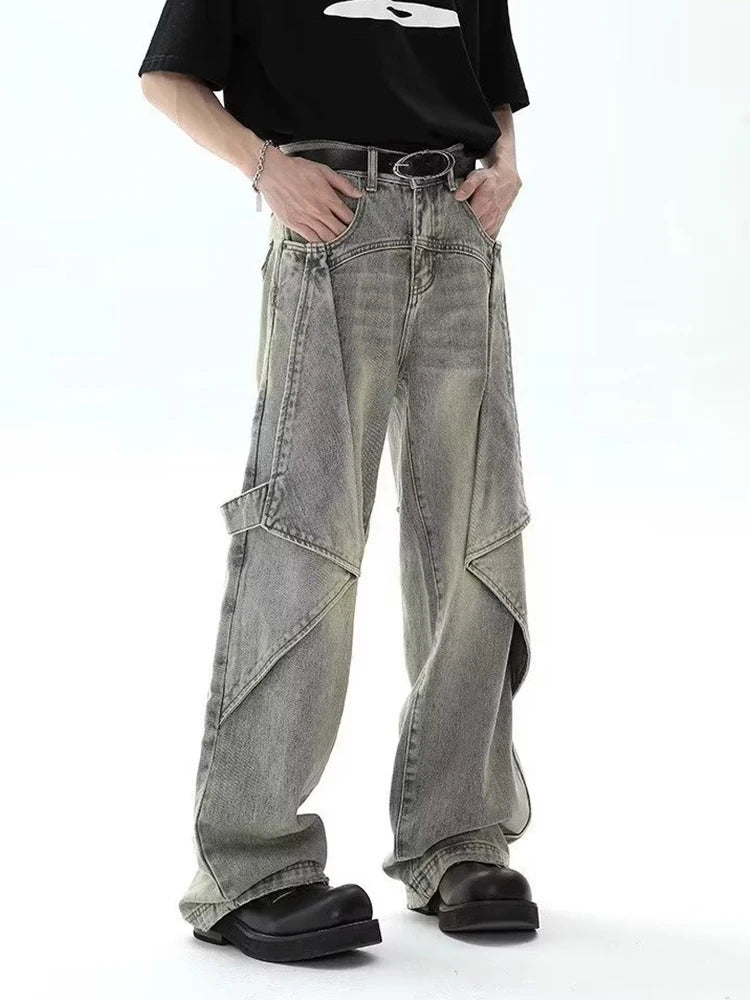 HOUZHOU Pantalon en jean à jambe large pour homme, streetwear, baggy, en denim vieilli, surdimensionné, décontracté, froncé, coréen, hip-hop