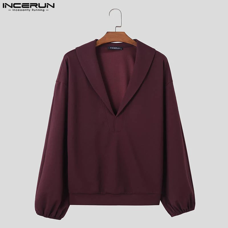 INCERUN Tops 2024 Korean Style Casual Men Deep V-neck Pullovers Stylish Streetwear Male Hot Sale Long Sleeved Sweatshirts S-5XL