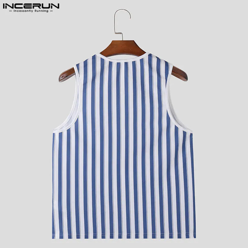 INCERUN Tops 2024 Korean Style Fashion New Mens V-neck Striped Vests Casual Streetwear Male All-match Sleeveless Tank Tops S-5XL