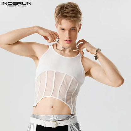 INCERUN Tops 2024 Amerikanischen Stil Mode Männer Solide Patchwork Sehen-durch Mesh Weste Metall Schnalle Ärmellose Dünne Westen S-5XL