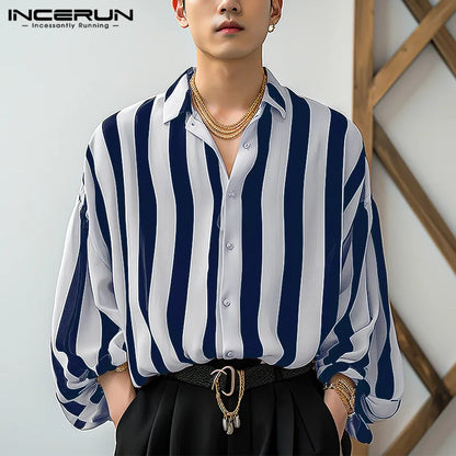 2024 Men Striped Shirt Lapel Long Sleeve Button Loose Streetwear Casual Men Clothing Korean Style Fashion Shirts INCERUN S-5XL