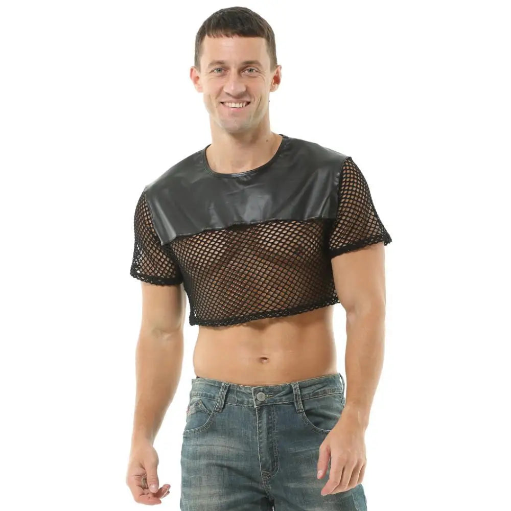 T-shirt sexy en maille transparente pour homme à manches courtes en résille imitation cuir vêtements pour hommes à la mode hauts t-shirts sous-vêtements