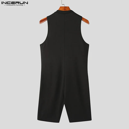 INCERUN 2023 American Style Handsome Men's Fashion Black&White Contrast Rompers Casual Handsome Male Sleeveless Jumpsuits S-5XL