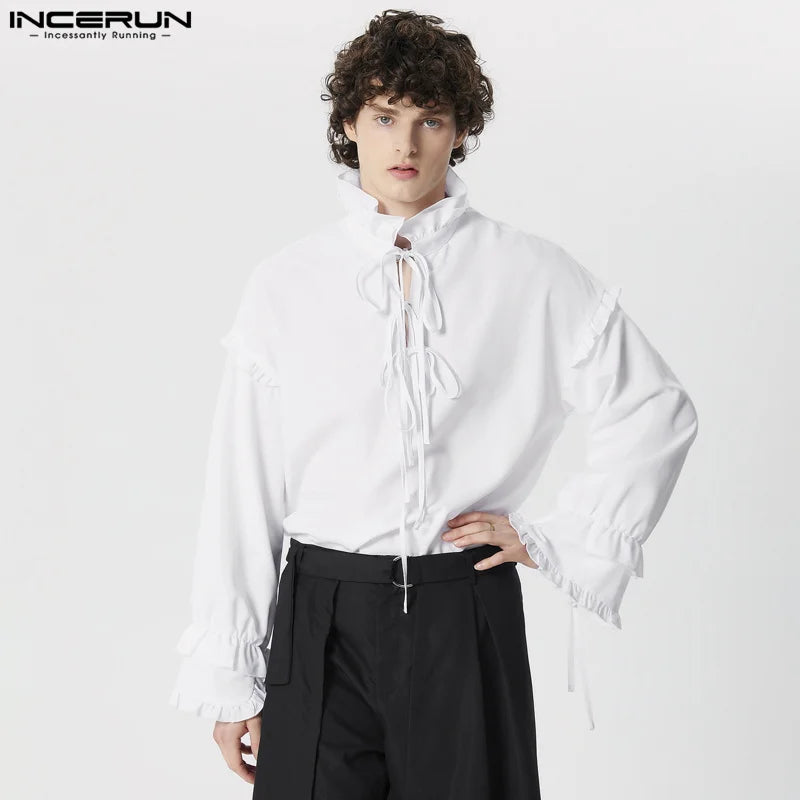 Stylish Well Fitting Tops INCERUN Men Solid Double-layer Cuffs Lace Up Shirt Handsome Male V-neck Long Sleeved Blouse S-5XL 2024