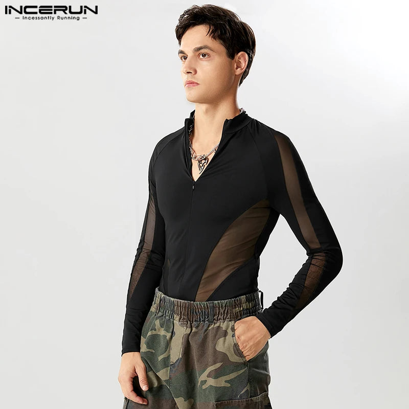 2023 männer Bodys Mesh Patchwork V-ausschnitt Streetwear Langarm Männlichen Strampler Zipper Transparent Mode T Shirt Body INCERUN