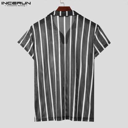 Sexy Casual Style Tops INCERUN New Mens Striped Mesh Shirts Casual Stylish Slightly Perspective Short Sleeved Lapel Blouse S-5XL