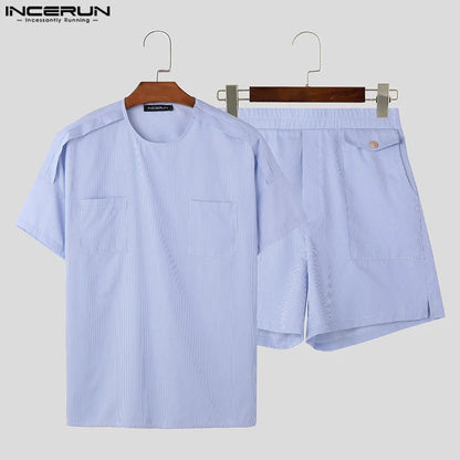 INCERUN 2024 American Style Stylish Sets New Men Stripe Pocket Shoulder Zipper Short Sleeve Top Shorts Solid Suit 2 Pieces S-5XL