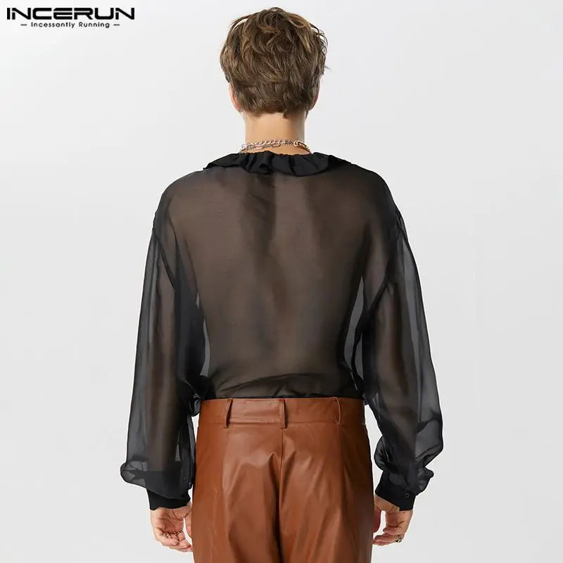 Hübsche, gut sitzende Oberteile INCERUN Neue Herrenhemden mit Rüschen und Krawatte, lockere Casual-Hemden, sexy, dünne Perspektive, langärmelige Bluse, S-5XL