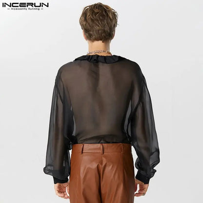 Hübsche, gut sitzende Oberteile INCERUN Neue Herrenhemden mit Rüschen und Krawatte, lockere Casual-Hemden, sexy, dünne Perspektive, langärmelige Bluse, S-5XL