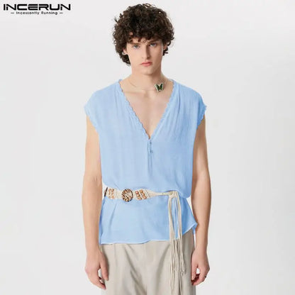 INCERUN Tops 2024 Korean Style Men's Casual See-through V-neck Vests Stylish Irregular Line Splicing Sleeveless Tank Tops S-5XL