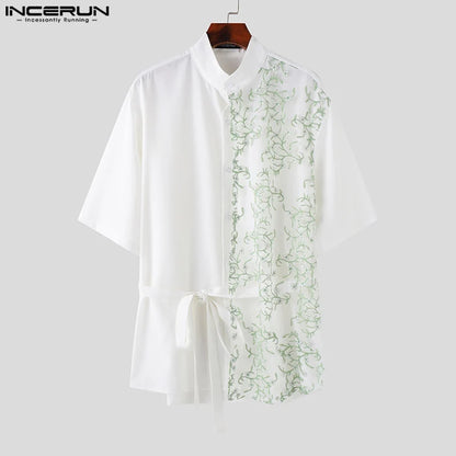 Handsome Well Fitting Tops INCERUN Men's Mesh Embroidery Splicing Design Shirts Streetwear Stand Neck Short Sleeved Blouse S-5XL