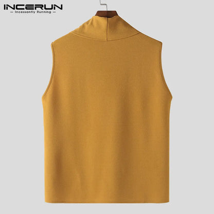 INCERUN Tops 2024 Korean Style Fashion Men's Pile Neck Vests Casual Streetwear Solid All-match Simple Sleeveless Tank Tops S-5XL