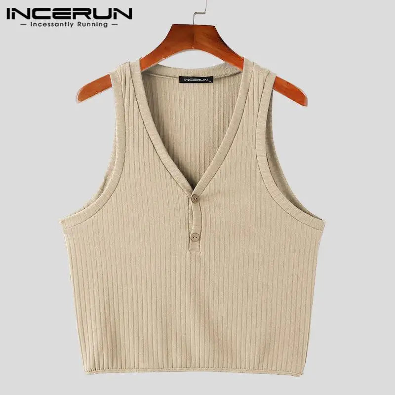 INCERUN Tops 2024 Koreanische Stil Männer Sommer Mode Gestrickte Pit Streifen V-ausschnitt Westen Casual Einfache Solide Ärmellose Tank Tops S-5XL