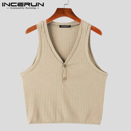 INCERUN Tops 2024 Koreanische Stil Männer Sommer Mode Gestrickte Pit Streifen V-ausschnitt Westen Casual Einfache Solide Ärmellose Tank Tops S-5XL