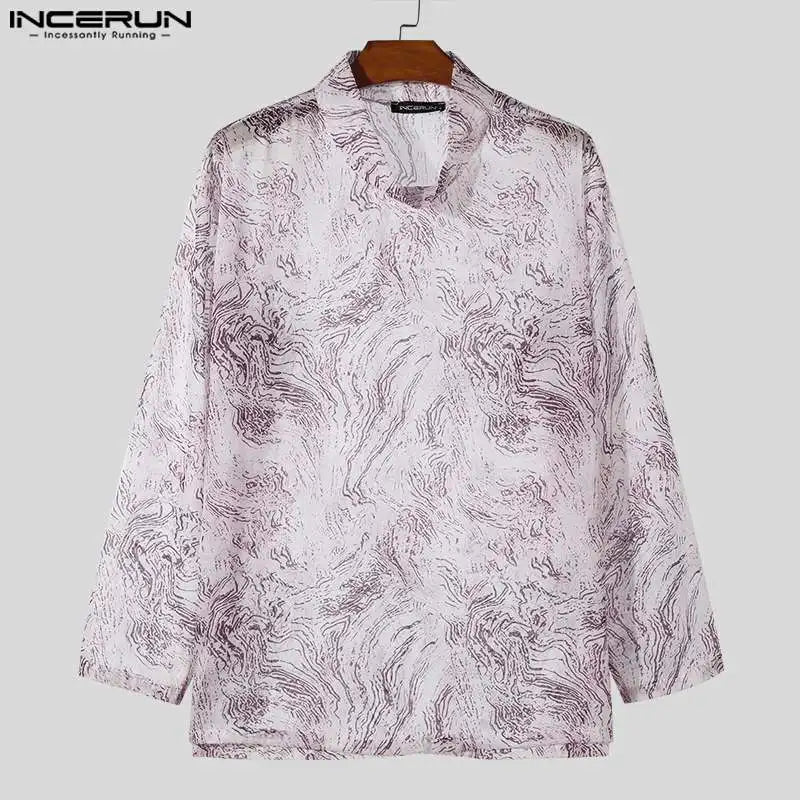 INCERUN Tops 2024 Korean Style Men's Fashion Semi High Neck Fluid Printed T-shirts Casual Streetwear Long Sleeved Camiseta S-5XL