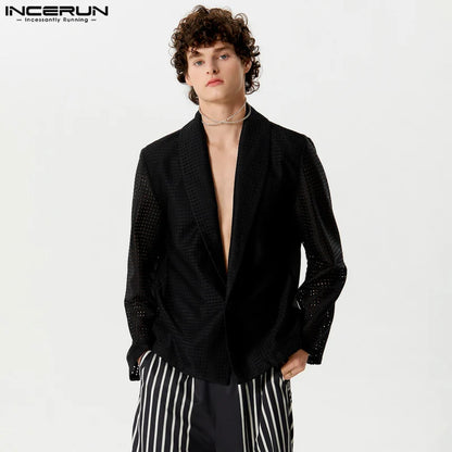 INCERUN Tops 2024 American Style Handsome Mens Hollow Mesh Solid Blazer Casual Streetwear Hot Sale Long Sleeved Suit Coats S-5XL