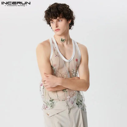 2024 Summer Mens Tank Tops Camisas INCERUN Sexy Mesh Floral Printed Sleeveless Vests Men Clothing Embroidery See-through Blouses