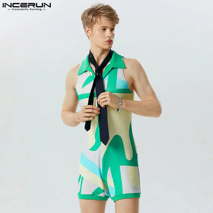 INCERUN 2024 Sexy Fashion Style Men Jumpsuit Shorts Casual Party Hot Sale Colorful Printed Lapel Sleeveless Rompers Shorts S-5XL