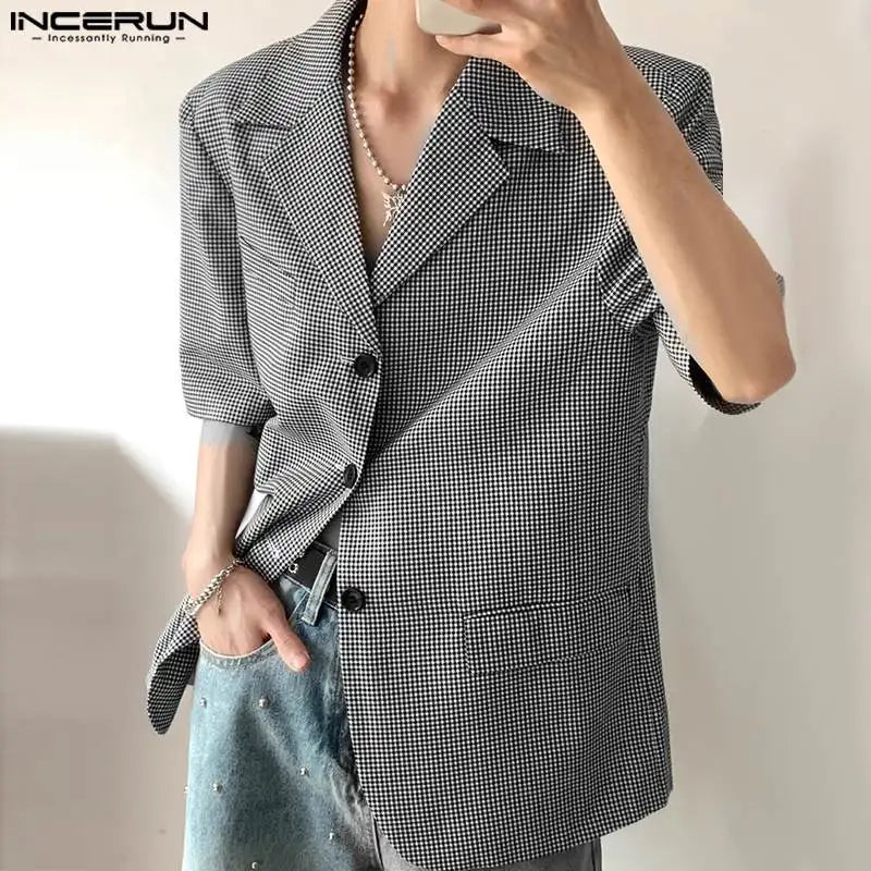 INCERUN Tops 2024 Korean Style New Men's Fashion Plaid Design Suit Coats Casual Streetwear Male Lapel Short Sleeved Blazer S-5XL