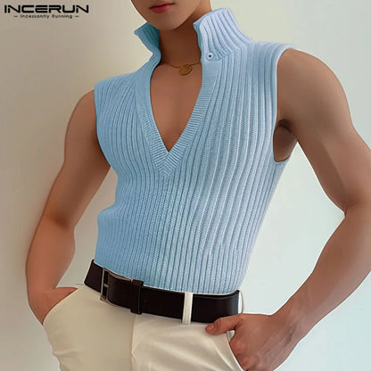 INCERUN Tops 2024 Korean Style Men's Solid Knitted Texture Vests Casual Streetwear Summer Hot Selling Sleeveless Tank Tops S-5XL