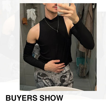 INCERUN Hommes T-shirt Couleur Unie Col Roulé À Manches Longues Épaule Dénudée Décontracté Camisetas 2023 Évider Streetwear Sexy Crop Tops