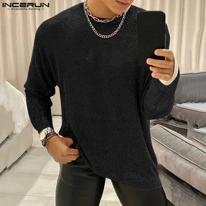 INCERUN Tops 2024 American Style New Mens Flash Mesh Perspective Design T-shirts Fashion O-neck Long Sleeved Thin Camiseta S-5XL