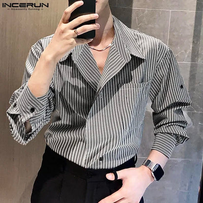 INCERUN Men Blouse Casual Loose Vintage Style Stripe Shirts Long Sleeve Autumn New Fashion Office Work Wear Stylish Tops